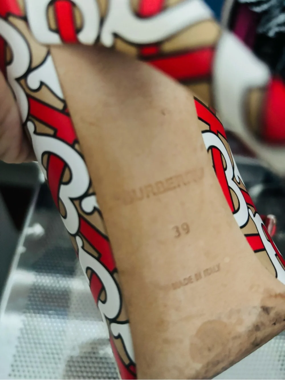 Burberry Red and White Logo Print Ankle-Strap Pumps